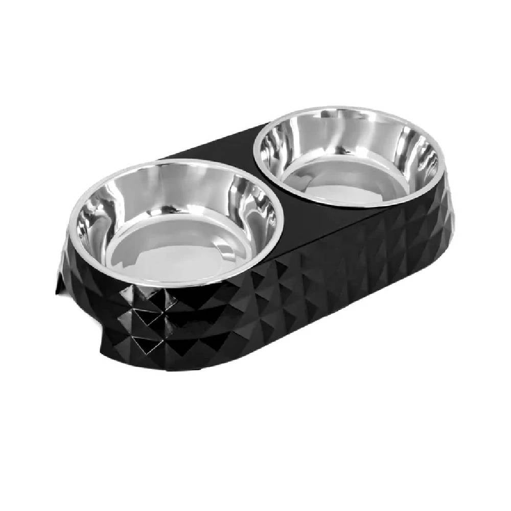 Pawsitiv Diamond Dinner Set — Double Stainless Steel Bowls with Anti-Slip Mat for Dogs & Cats, Medium, Black