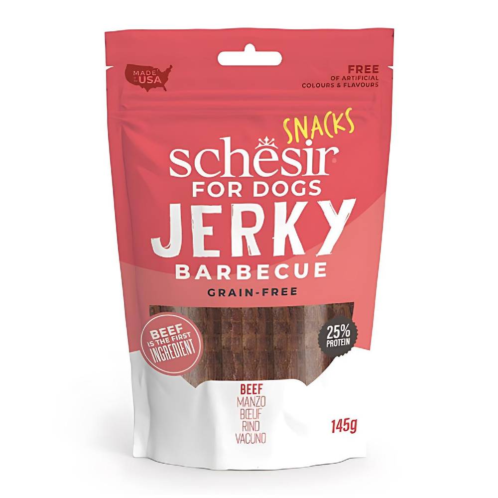 Schesir Grain-Free Beef Jerky Dog Treats – BBQ Flavor, 145g