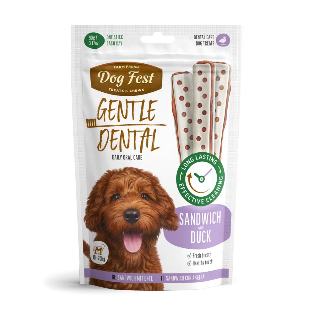 Dog Fest Dental Sandwich Treats - Duck Flavor for Adult Dogs, 90g | Plaque Control & Fresh Breath