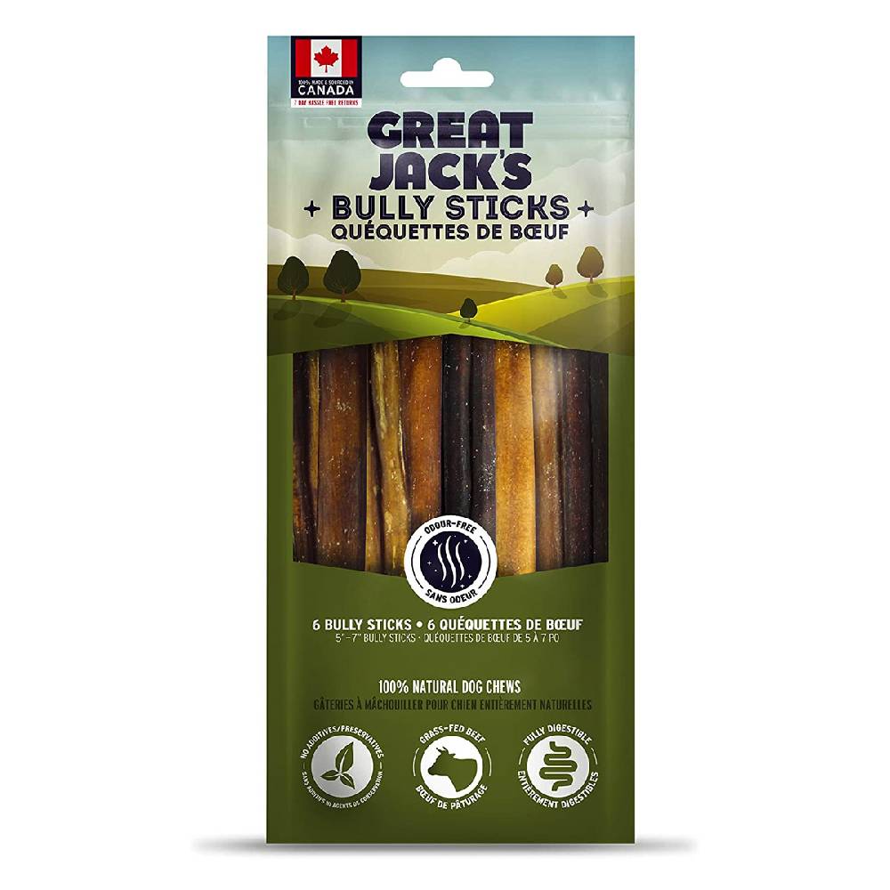 Great Jack's Odour-Free Bully Sticks | 100% Natural Air-Dried Dog Chews – 6 Pack