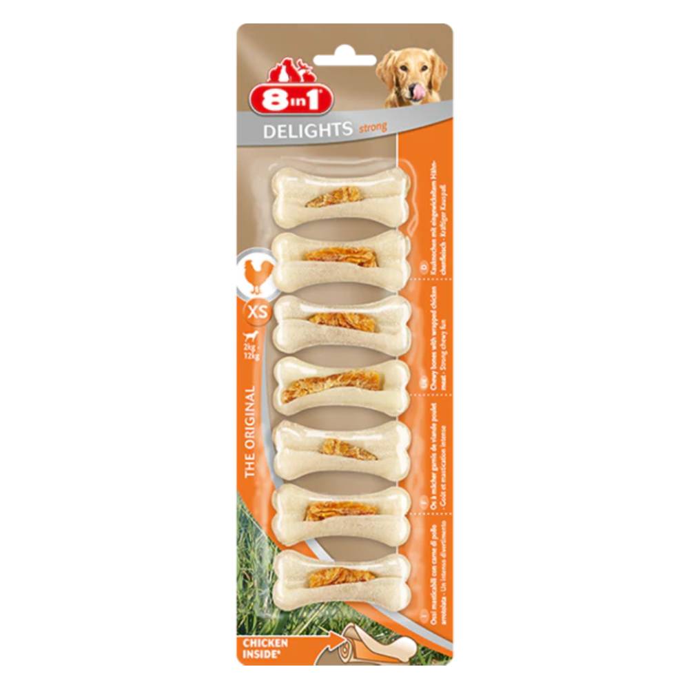 8in1 Delights Strong Chicken Bones for Small Dogs – Long-Lasting Rawhide Chews XS (7 pcs, 140g)