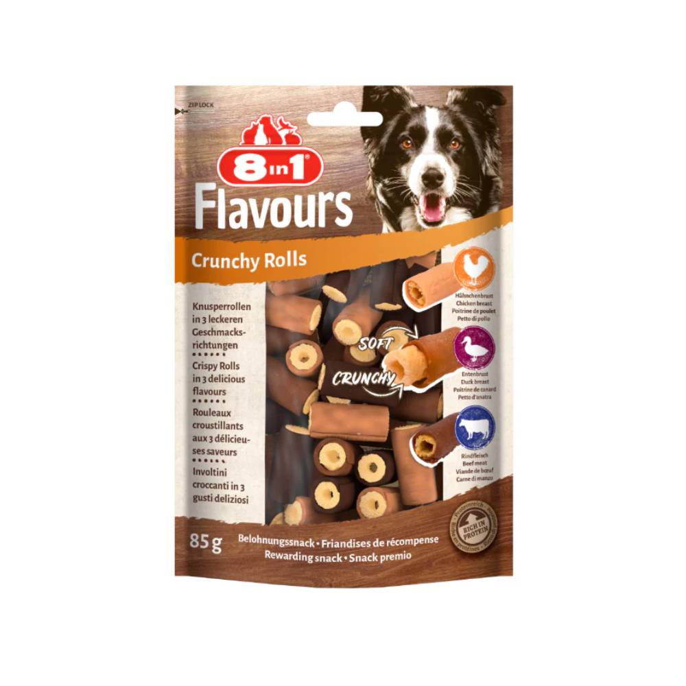 8in1 Flavours Crunchy Rolls | Grain-Free Oven-Baked Dog Treat | 3 Flavours | 85g