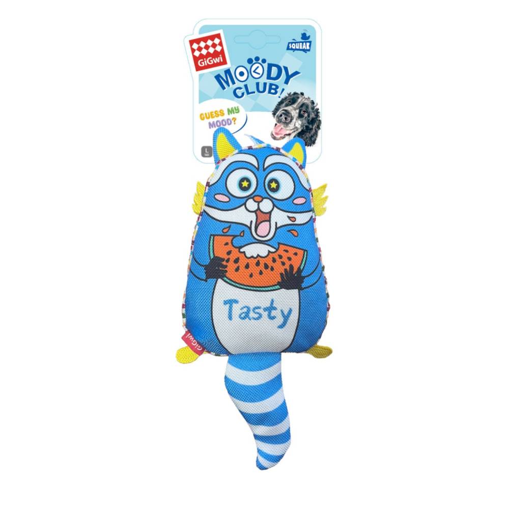 GiGwi Moody Club Raccoon Large – Dual-Sided Squeaky Plush Dog Toy with Crinkle