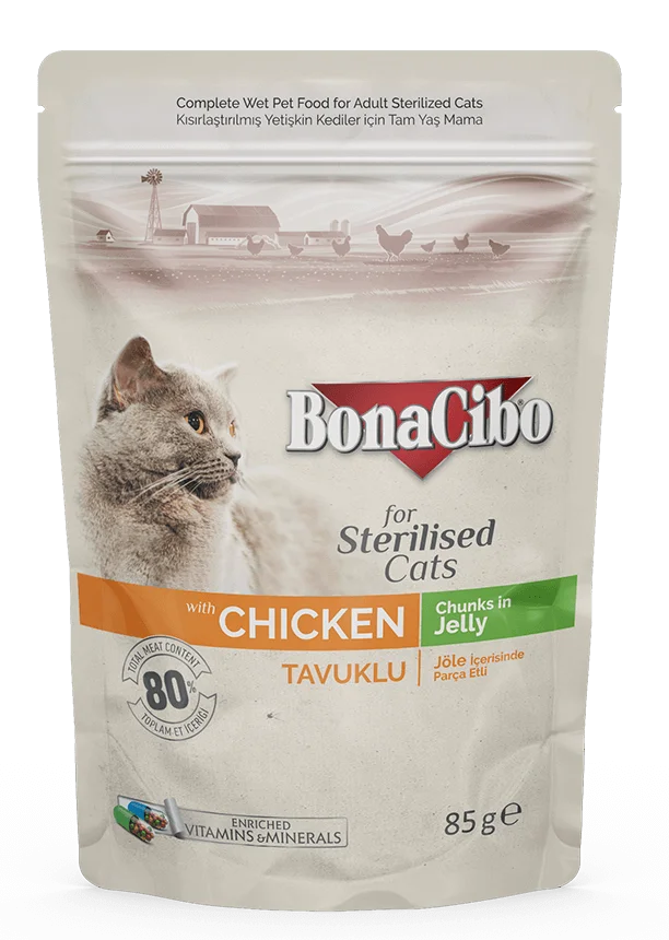 BonaCibo Sterilised Cat Food Chicken Chunks in Jelly – Premium Wet Food