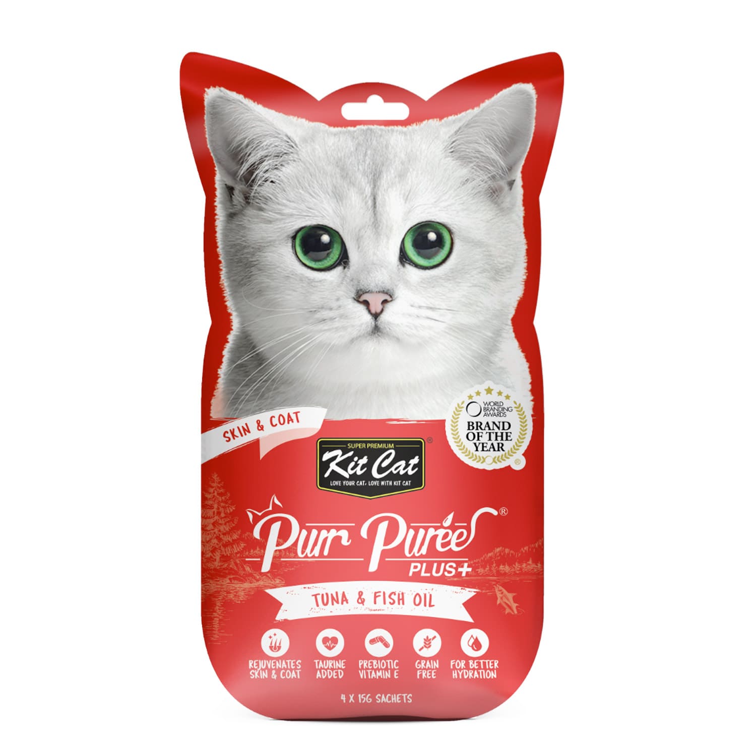 Kit Cat Purr Puree Plus+ Tuna & Fish Oil (Skin & Coat) Cat Treats 4X15G