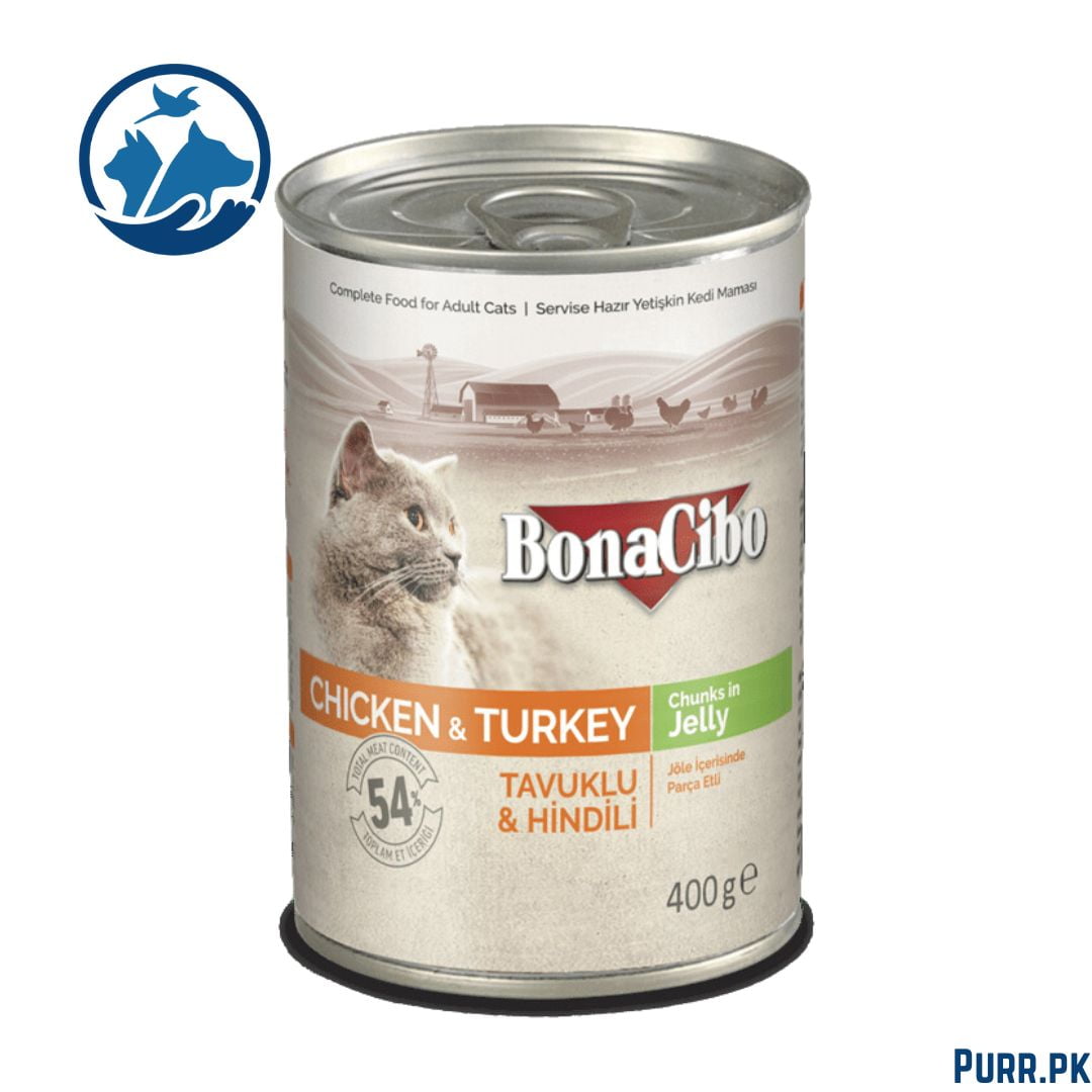 Bonacibo Adult Cat Chicken &amp; Turkey – Chunks in Jelly 400 g Canned