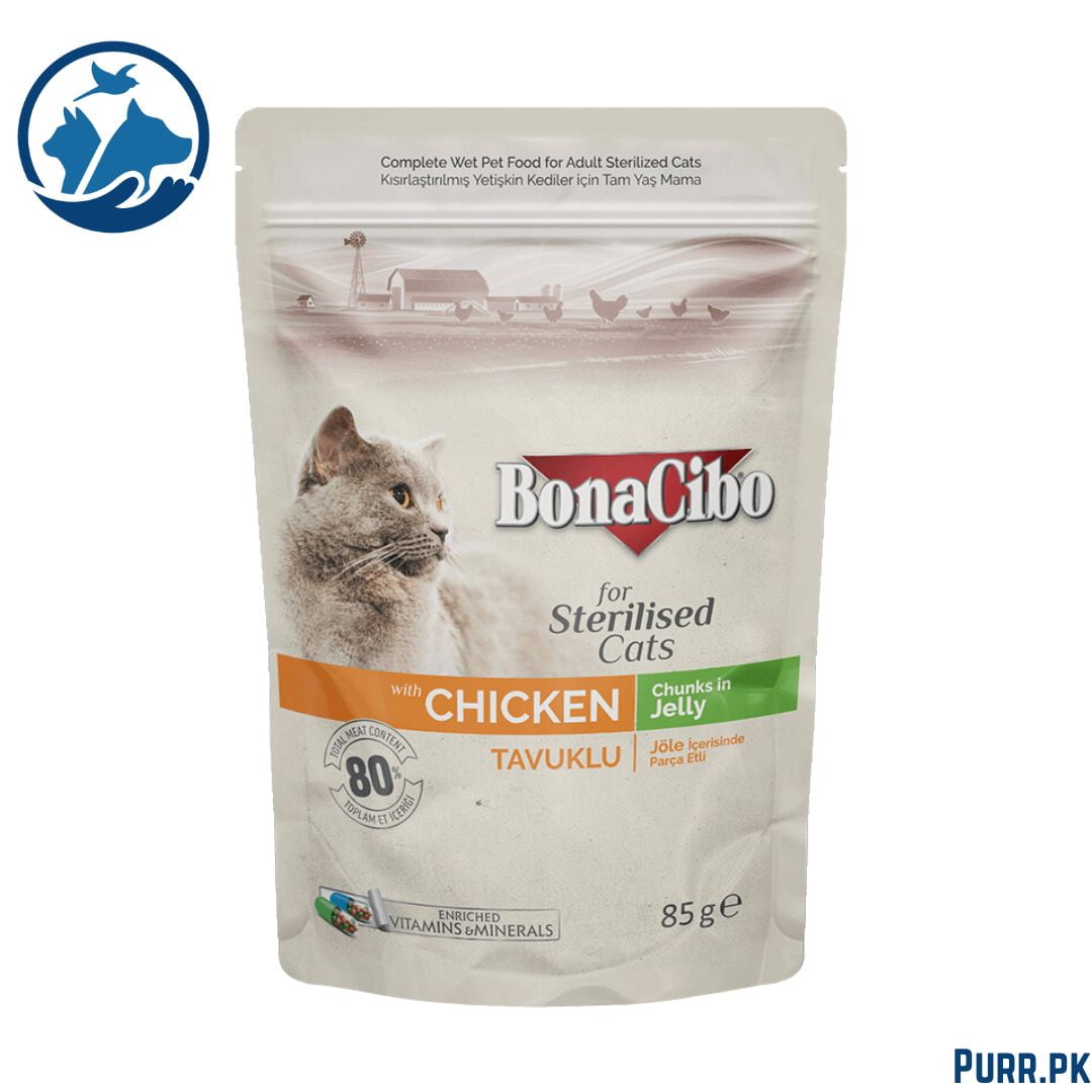 Bonacibo Adult Cat Sterilised Chicken – Chunks in Jelly 85 g Pouch