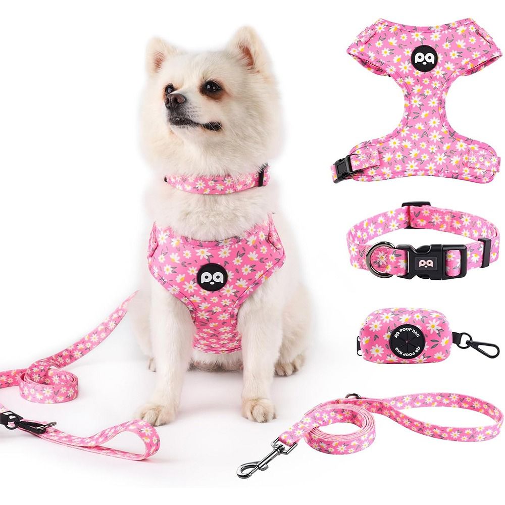 QQPets Harness, Leash, Collar and Poop Bag Holder Pink 4-Piece Set for Dogs