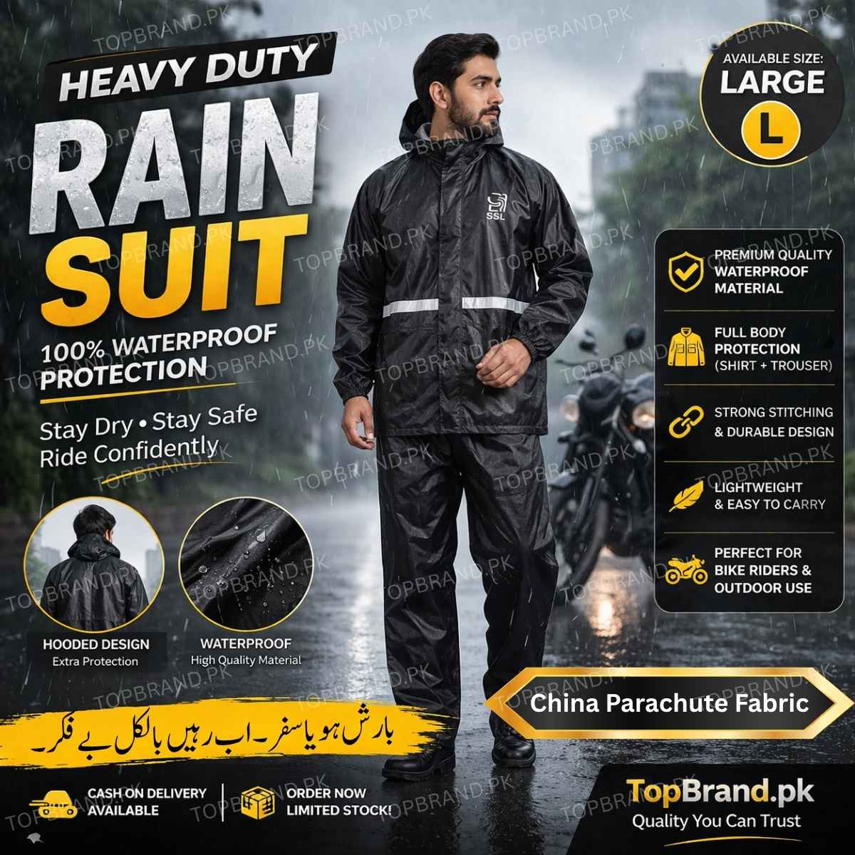 Waterproof Rain Suit – Large Size | China Parachute Fabric | Bike Rider Raincoat Set (Jacket + Trouser)