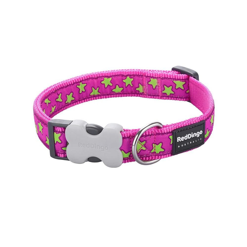 Red Dingo Lime Green Stars Dog Collar - Hot Pink