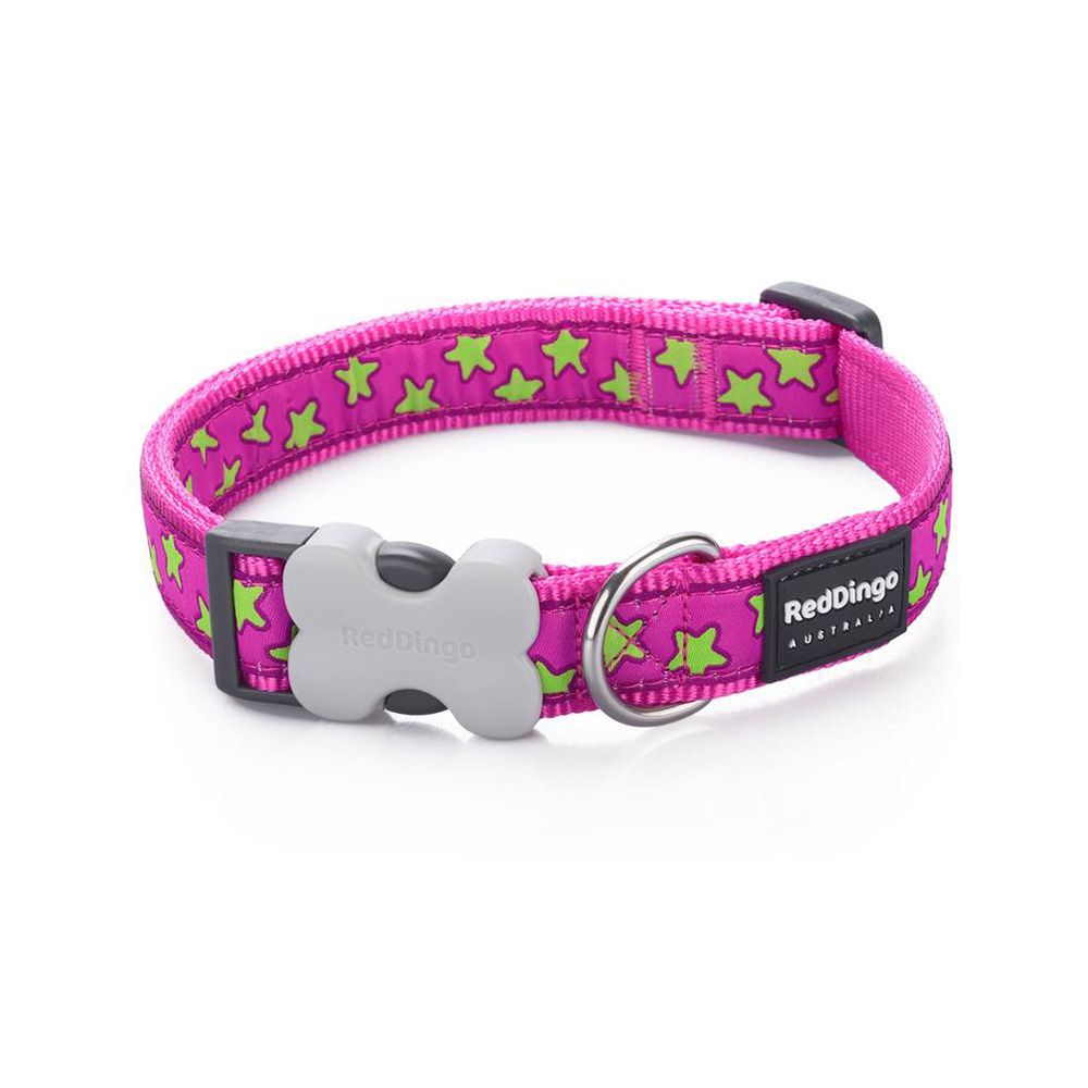 RedDingo Stars Lime on Hot Pink Dog Collar - Small - 15 mm