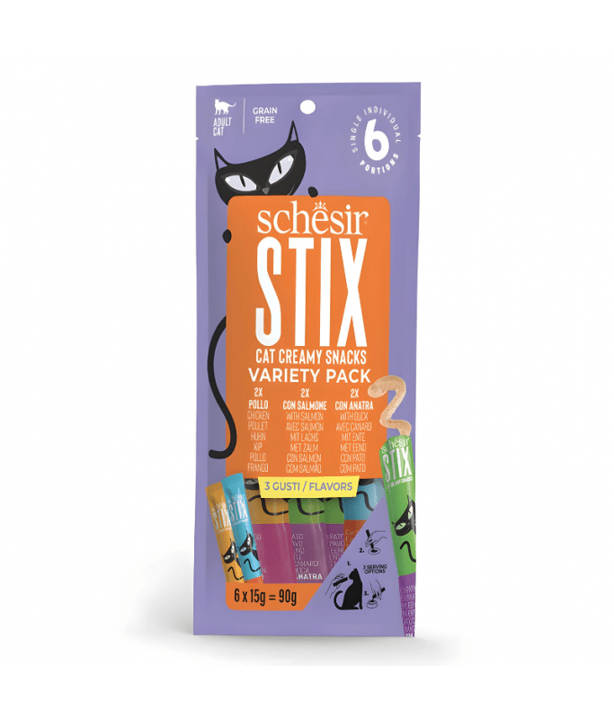 Schesir Stix Treat Variety Pack - Mixed Flavors: Chicken,Duck & Salmon - (6X15g)