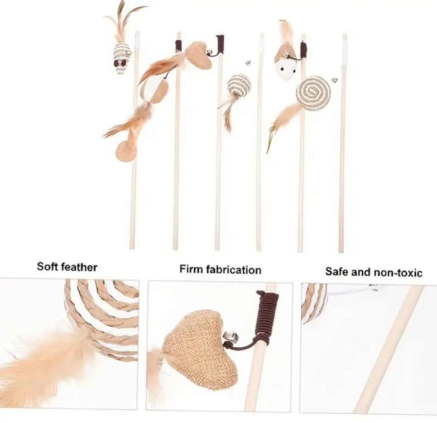 Woody Cat Wand - Natural Wood Interactive Toy with Feathers, Bells & Balls