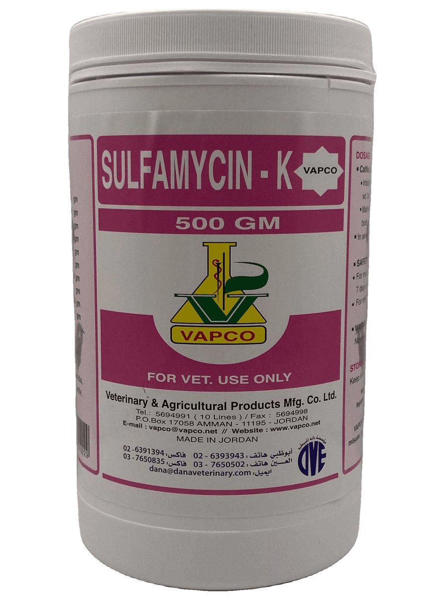 SULFAMYCIN K 500gm for the treatment of diarrhea, enteritis, and amoebiasis in cattle, horses, sheep, and goats