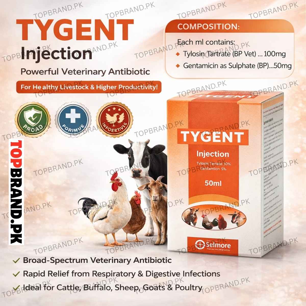Tygent Injection 50ml (Tylosin Tartrate 10% + Gentamicin 5%)