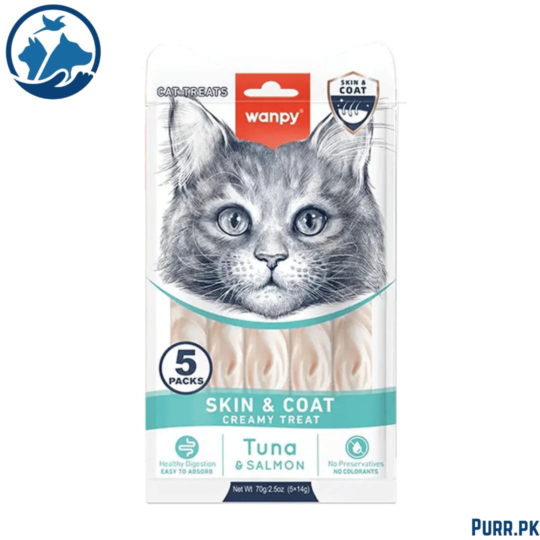 Wanpy Adult Cat Functional Creamy Lickable Treat – Tuna &amp; Salmon (Skin &amp; Coat) 70 g Pouch