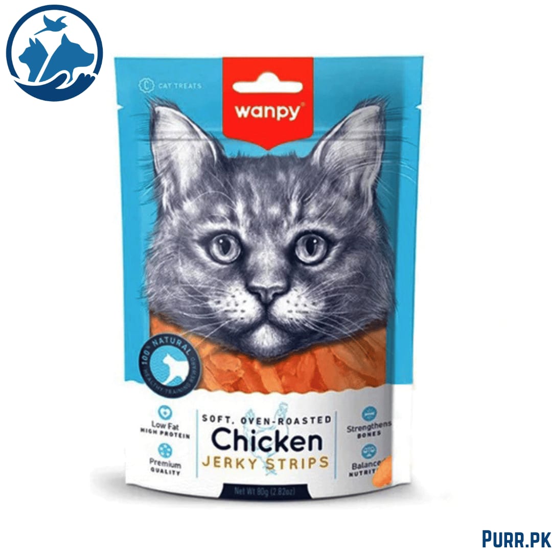 Wanpy Adult Cat Soft Chicken Jerky Strips – 80g Pouch