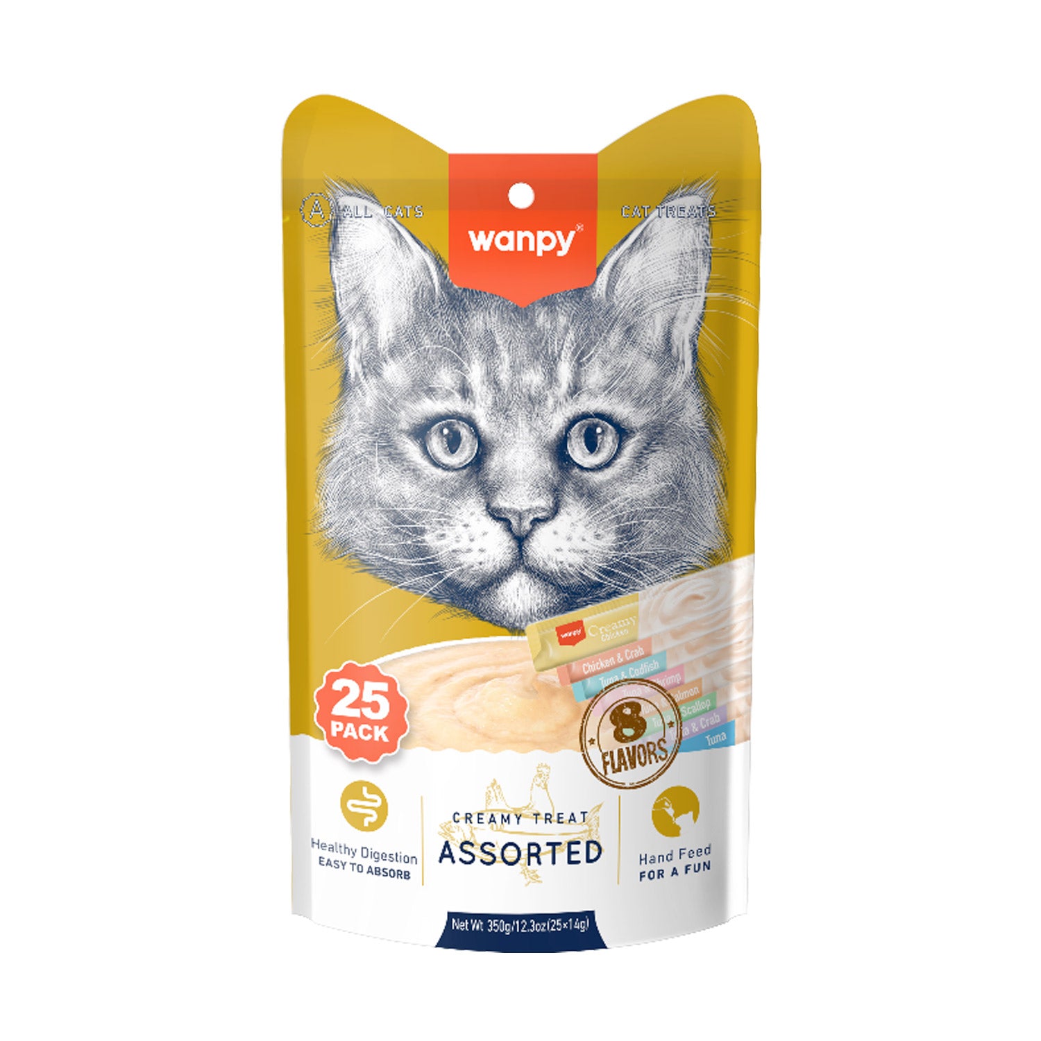 Wanpy Creamy Lickable Cat Treats Assorted 8 Different Flavors (14g x 25pc)