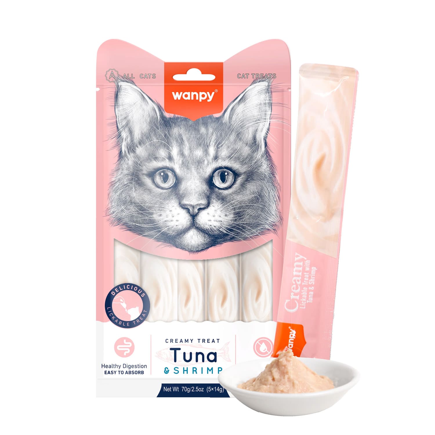 Wanpy Creamy Lickable Cat Treats Tuna & Shrimp (14gx5)