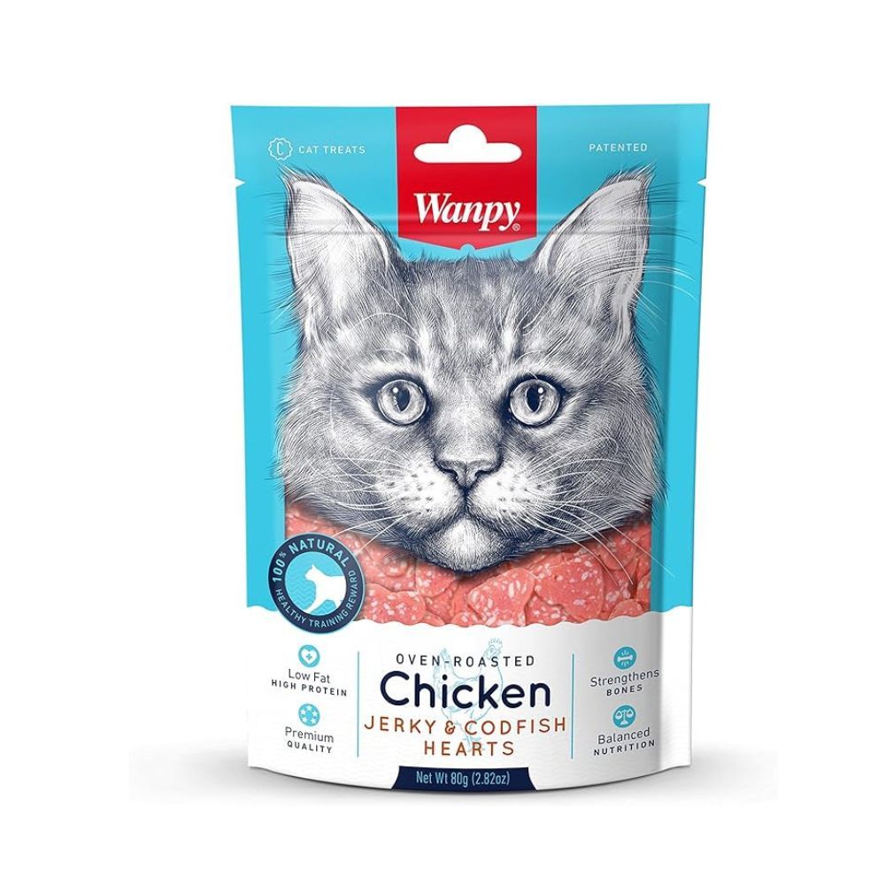 Wanpy Oven-Roasted Chicken Jerky and Codfish Hearts Cat Treats - 80 g
