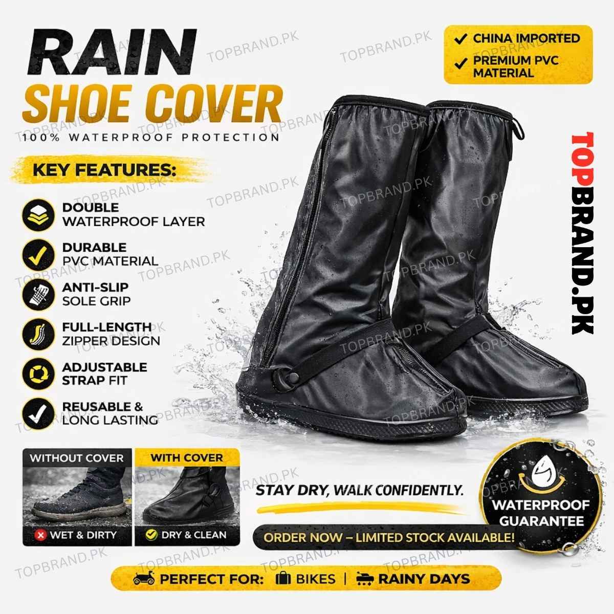 Rain Shoe Cover Waterproof PVC – Anti-Slip Reusable Boot Cover for Bikes & Travel (Black)