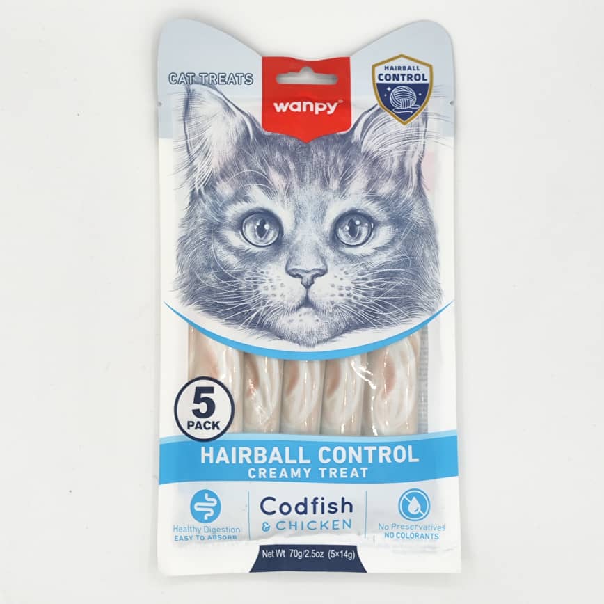 Wanpy Medicated Creamy Treat / Hairball Control / CodFish And Chicken – 70 Gram