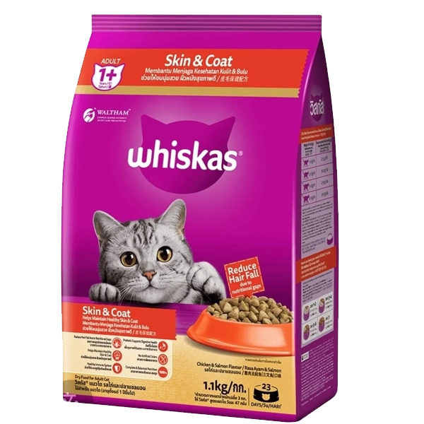 Whiskas 1+ Adult Dry Cat Food Skin & Coat-Chicken &amp; Salmon Flavour (1.1kg)