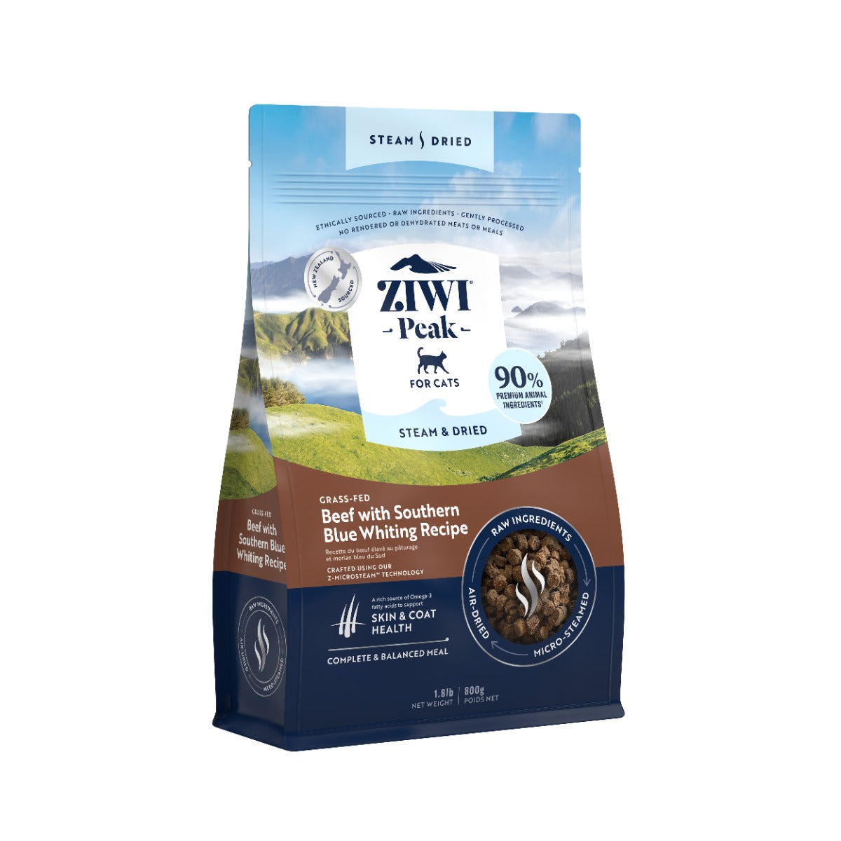ZIWI Peak Steam & Dried Grass-Fed Beef with Southern Blue Whiting Recipe Dry Cat Food 800g